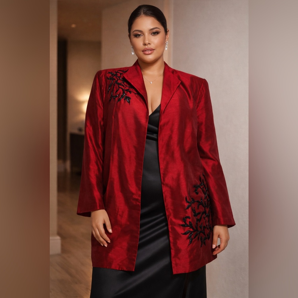 Victor Costa 100% Silk Beaded Red Evening Blazer Jacket 1X Formal Luxe